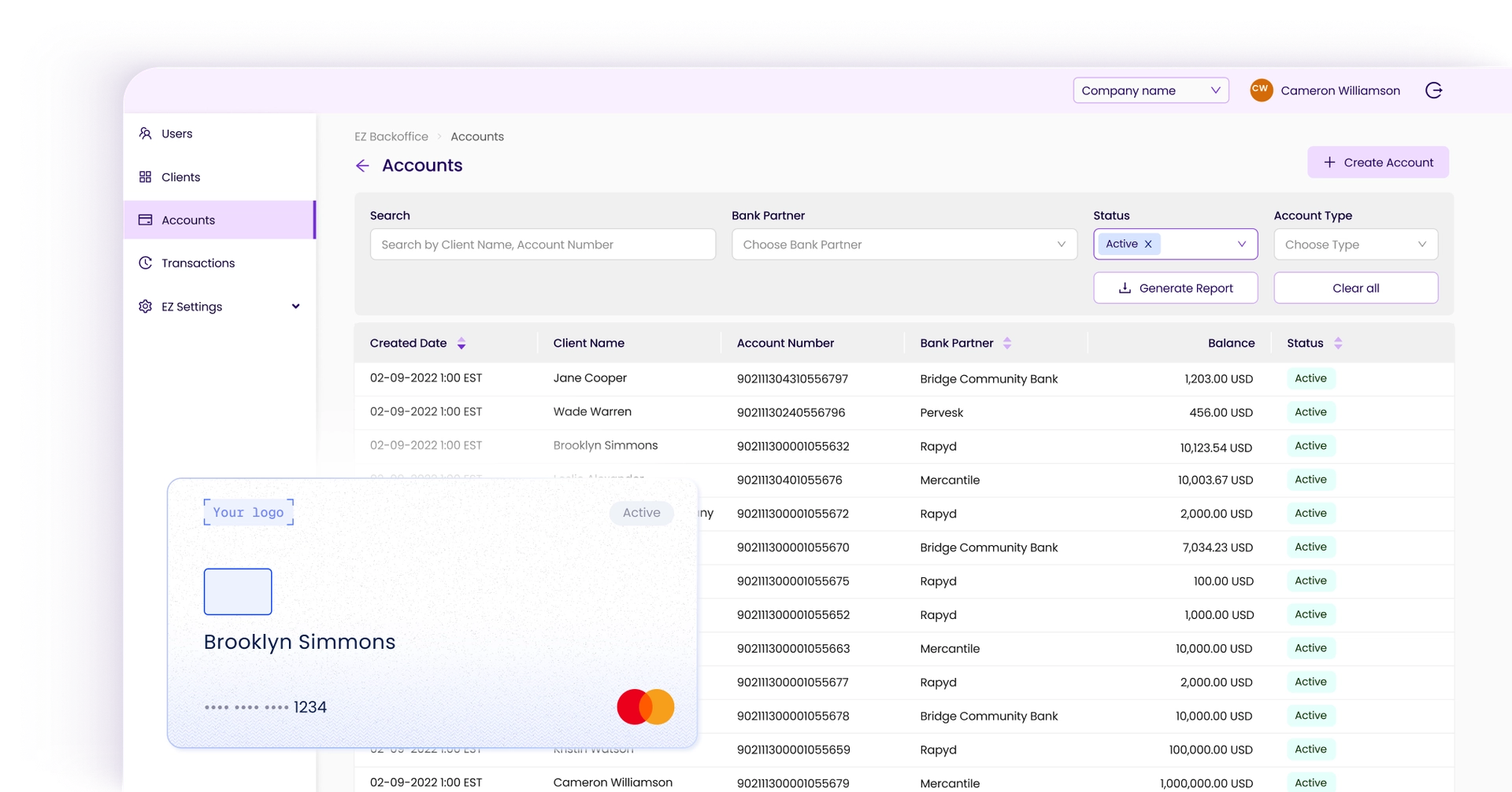 Accounts, Transactions, Cards